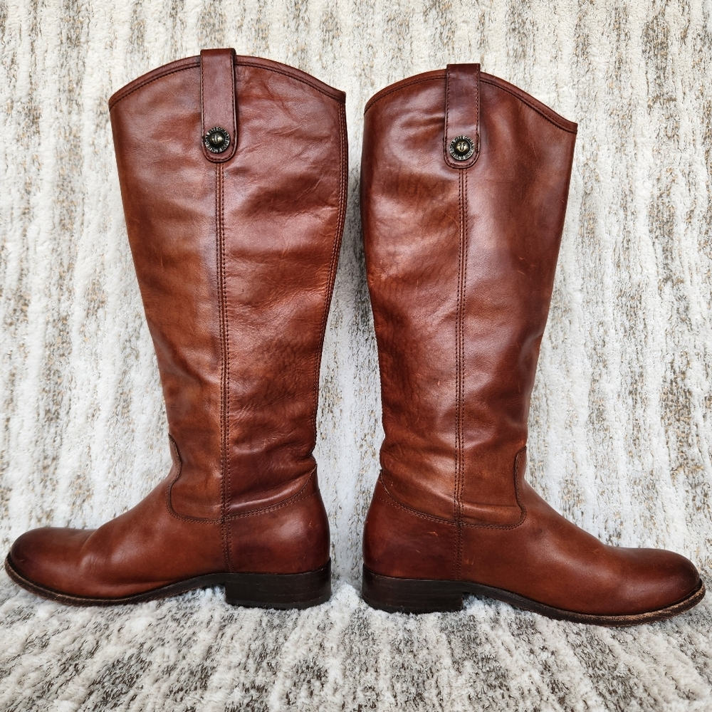 Frye "Melissa Button" Tall Riding Boots Cognac Brown Leather | Women's Size 5.5B - Picture 9 of 15
